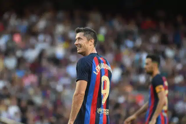 Robert Lewandowski of FC Barcelona looks on during La Liga match