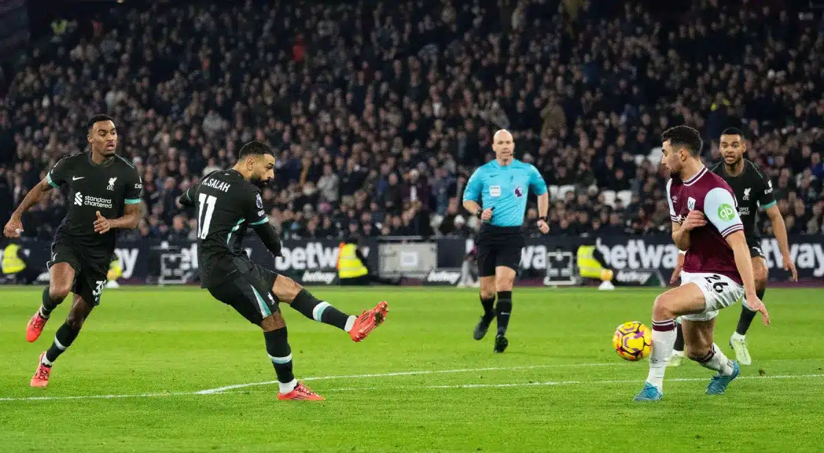 Mohamed Salah of Liverpool scores his teams 3rd goal in the 44th minute. Premier League match, West Ham Utd v Liverpool