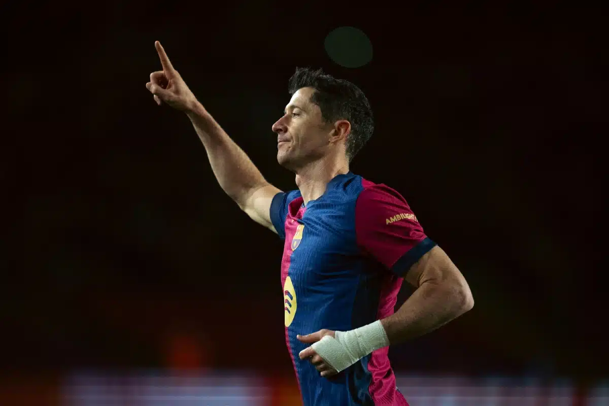 Robert Lewandowski of Barcelona celebrates his goal during the La Liga football match between FC Barcelona and Valencia CF in Barcelona