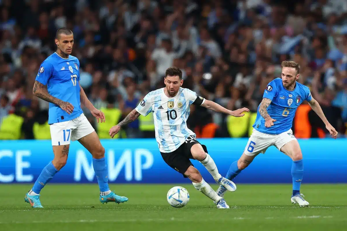 Lionel Messi of Argentina during the CONMEBOL-UEFA Cup of Champions match at Wembley Stadium.