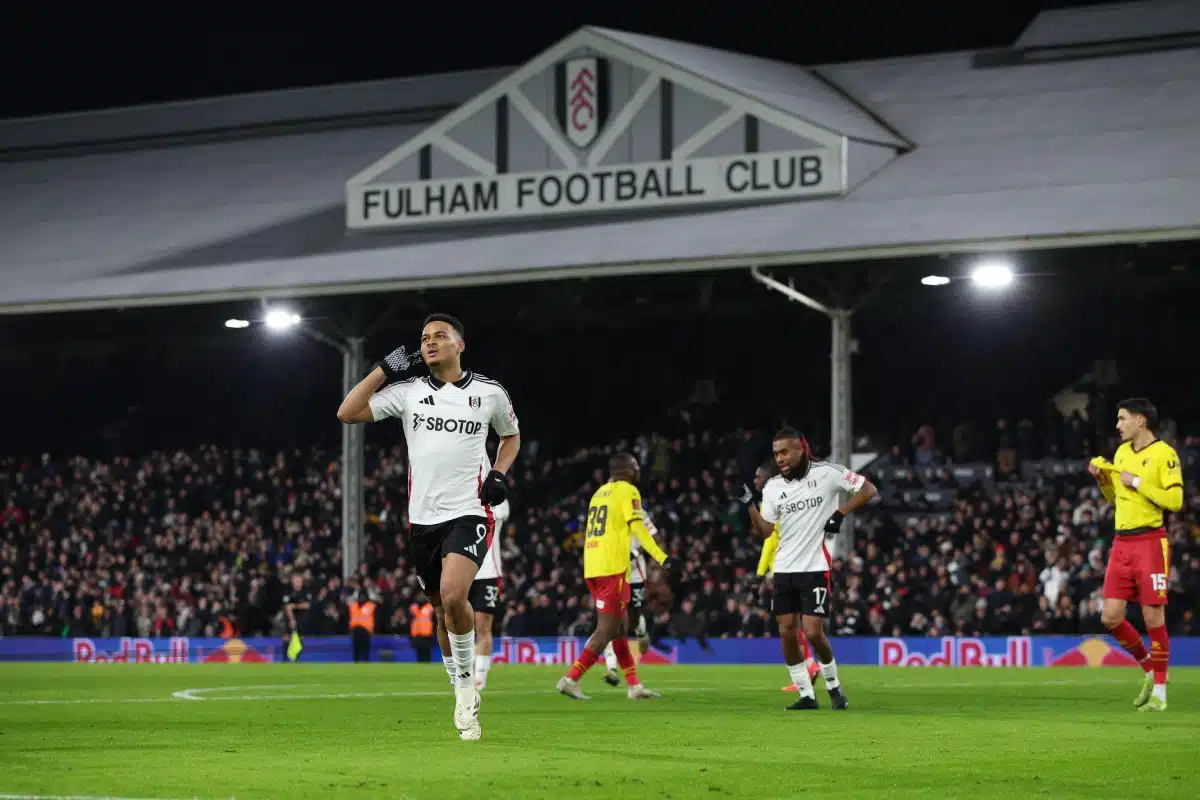 Rodrigo Muniz of Fulham FC celebrates scoring the opening goal during the FA Cup third round match between Fulham FC and Watford FC