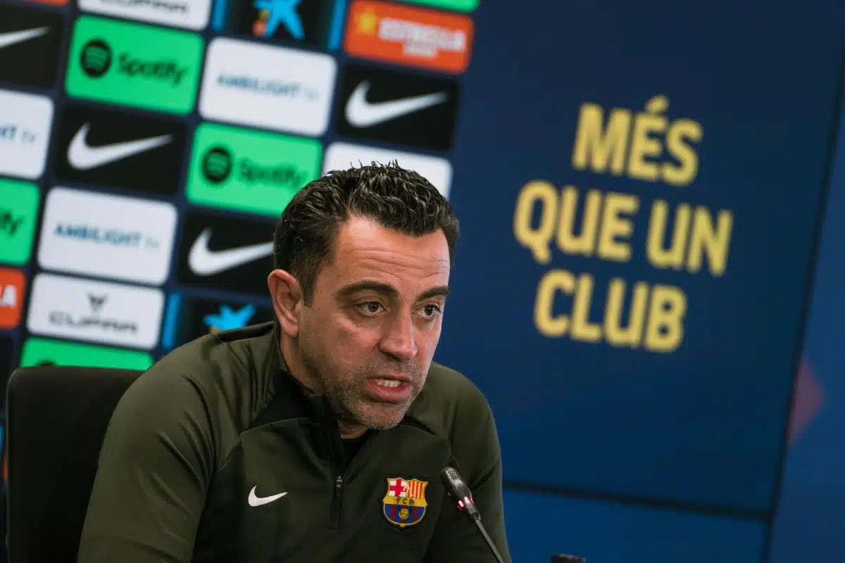Xavi Hernandez during a press conference, 2025
