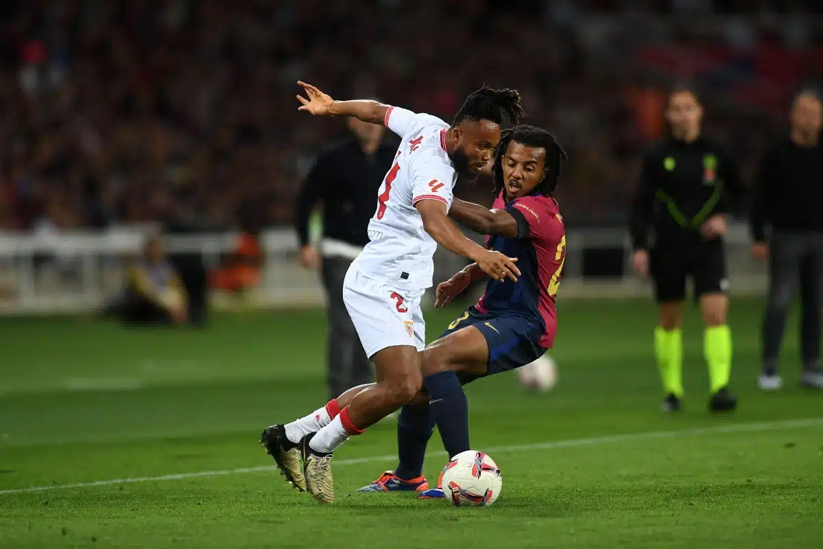 October 20, 2024, Ejuke of Sevilla FC vies with Jules Kounde of FC Barcelona during the match between FC Barcelona and Sevilla FC