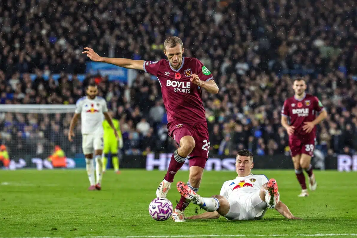 Jaka Bijol of Leeds United is fouled by Tomas Soucek of West Ham United during the Premier League match Leeds United vs West Ham United, 24th October 2025
