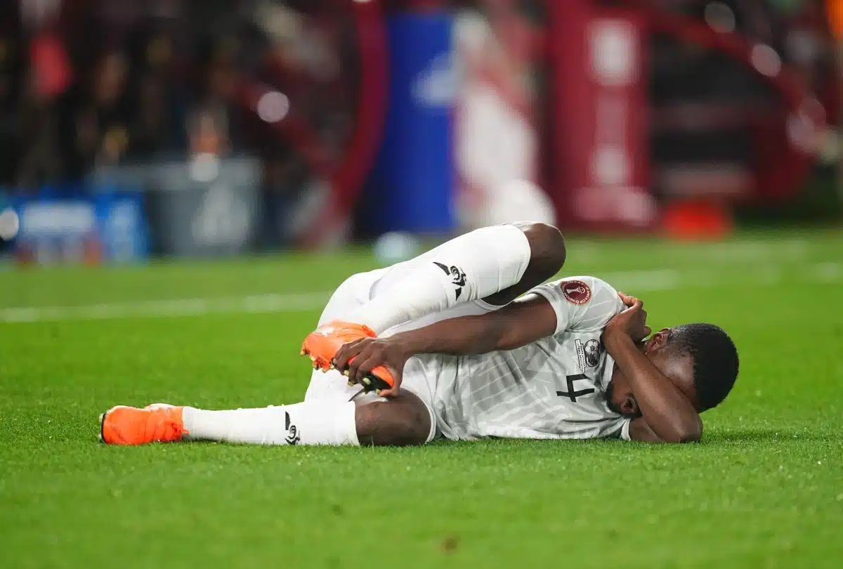 Teboho Mokoena of South Africa on the ground during a 2025 AFCON Africa Cup of Nations game, 4 January 2026