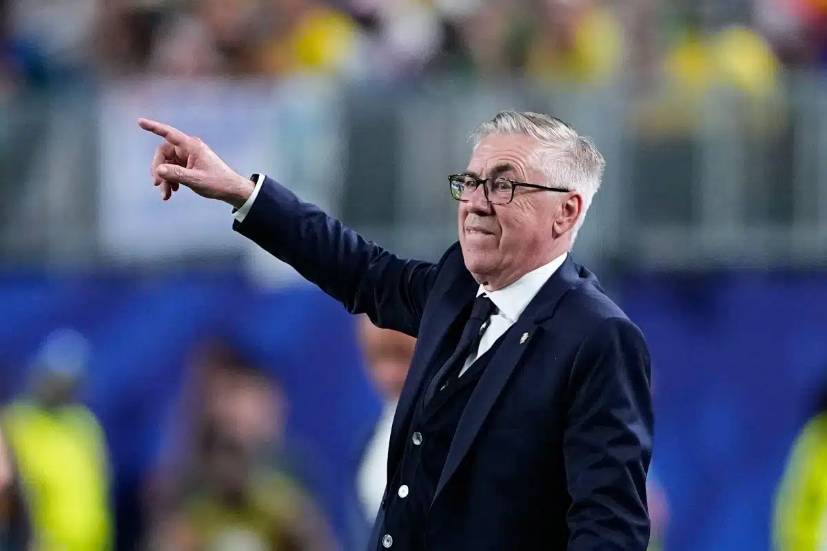 Brazil head coach Carlo Ancelotti reacts during the match, 2026