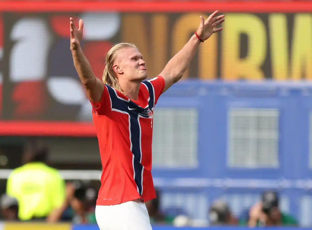 Haaland celebrates scoring during the match between Brazil and Norway, 2026