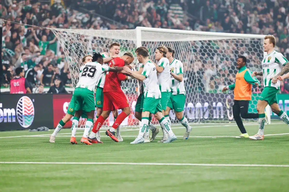 Hammarby goalkeeper Warner Hahn, Oscar Steinke Brånby and Elohim Kabore celebrate, 22 March 2026
